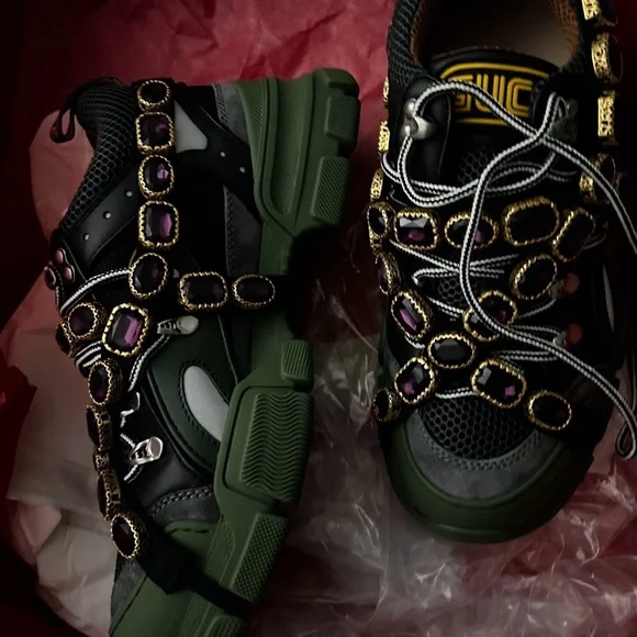 Gucci Black and Green Embellished Sneakers - Picture 3 of 3